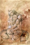 anthro duo female hug male nude romantic romantic_couple tail alectorfencer joon_storm wolftale canid canine canis mammal wolf 2010 line_art monochrome