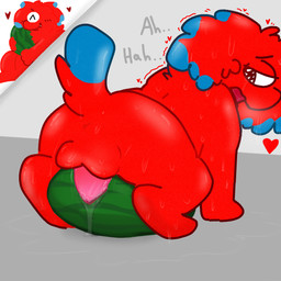 anthro anus candy dessert food fruit fur genitals gummy_(food) improvised_sex_toy male melon multicolored_body multicolored_fur object_penetration objectophilia penis plant solo text watermelon nakeilyar wilt_(nakeilyar) food_creature goo_creature gummy_creature living_candy 1:1 hi_res
