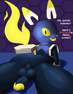anthro balls blue_body butt genitals glans humanoid_genitalia humanoid_penis machine male mascot open_mouth penis presenting presenting_hindquarters solo spread_legs spreading text yellow_eyes yellow_glans conditional_dnp deltasomnium e621 esix felid mammal robot hi_res portuguese_text
