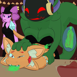 animal_genitalia animal_penis anthro beverage bodily_fluids canine_genitalia canine_penis clothing colored_cum cum excessive_cum excessive_genital_fluids female genital_fluids genitals green_body green_cum group gynomorph inner_ear_fluff internal intersex intersex/male juice_(beverage) knot machine male nude orange_body penis piercing pink_body pinned pinned_to_table tail trio tuft unusual_bodily_fluids unusual_cum unusual_genital_fluids ansia_(artist) ansia_(character) emerald_(emeraldsda) terrace_(character) amphibian aquatic avali axolotl mole_salamander protogen salamander 1:1 hi_res
