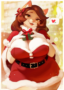 anthro biped breasts clothed clothed_anthro clothed_female clothing female fingers front_view fur hair holidays looking_at_viewer smile solo standing teeth tongue hackainax christmas domestic_cat felid feline felis mammal 2025 digital_drawing_(artwork) digital_media_(artwork) hi_res