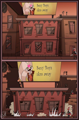 advertisement billboard blood boarded_window bodily_fluids broken_window building clothing crushing_building crushing_object cybernetic_arm cybernetic_limb cybernetics death duo female heart_symbol licking machine male neo-classical_architecture red_body red_skin shirtless shirtless_male shocked text thick_thighs tight_clothing tongue urban_decay gatojack3 hellaverse helluva_boss fizzarolli_(helluva_boss) demon humanoid imp comic english_text hi_res signature