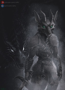anthro armor belt belt_buckle buckle duo fangs feral fur_armor green_eyes horn ko-fi_logo leather leather_armor male melee_weapon patreon_logo scales standing sword teeth text weapon conditional_dnp ratte ko-fi mythology patreon ellis_(clorytetra) dragon kobold mythological_creature mythological_scalie scalie hi_res restricted_palette url