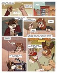 alcohol anthro antlers beard beer bench beverage brown_body brown_fur brown_hair building canid canine canis clothing comic day deer desk dialogue duo english_text eye_contact eyewear facial_hair food fur furniture glasses grass hair hat headgear headwear hi_res hill hoodie horn leo_(nardodraws) looking_at_another male mammal moose nardodraws new_world_deer night on_desk open_mouth open_smile outside park_bench plant profanity red_clothing red_hat red_headwear rodney_(nardodraws) shirt sitting sky smile sound_effects speech_bubble standing table taco text thought_bubble time_skip tom_(nardodraws) topwear tree usb_stick wolf