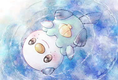 ambiguous_gender anthro blue_body blue_fur blush blush_lines brown_eyes fur seashell shell solo tail water remedy0308 nintendo pokemon generation_5_pokemon oshawott pokemon_(species) 2024 hi_res signature