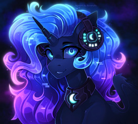 blue_body blue_eyes blue_fur blue_hair electronics female feral fur glowing hair headphones horn jewelry looking_at_viewer multicolored_hair necklace purple_hair solo two_tone_hair wings buvanybu friendship_is_magic hasbro my_little_pony mythology princess_luna_(mlp) equid equine mammal mythological_creature mythological_equine winged_unicorn absurd_res blue_theme hi_res portrait