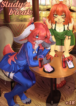 anthro blue_eyes bodily_fluids bottomwear breasts buckteeth cake cake_slice cellphone claws clothed clothing dessert duo electronics female finger_claws food furniture genital_fluids green_eyes hair phone red_hair school_uniform skirt small_breasts stirrup_legwear table teeth toe_claws twintails_(hairstyle) uniform cyberkaps kiu-wot naili_(cyberkaps) yawara_(kiu-wot) domestic_cat felid feline felis lagomorph leporid mammal rabbit 2025 cover cover_art cover_page hi_res