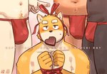 anthro asian_clothing bound bulge candy chocolate chocolate_heart clothing dessert east_asian_clothing food fundoshi group holidays japanese_clothing male ribbons underwear jeck fundoshi's_day valentine's_day canid canine canis domestic_dog mammal