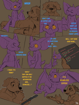ambiguous_gender anthro big_ears blue_text blush cloak clothed clothing comic_panel dialogue eyes_closed green_text machine on_top purple_body red_text tablet_computer text wings yellow_eyes yellow_text conditional_dnp dacad tyler_(dacad) zipper_(dacad) bat canid canine mammal comic english_text hi_res restricted_palette