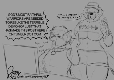 angry anthro big_breasts black_nose bodily_fluids breasts claws clothing computer crop_top curvy_figure dialogue duo electronics eyewear fangs female finger_claws floppy_ears glasses hat headgear headwear holding_bag huge_breasts laptop looking_at_another midriff onomatopoeia open_mouth shirt sound_effects speech_bubble standing sweat sweatdrop tank_top teeth text topwear under_boob voluptuous omny87 turbomarisa canid canine canis domestic_dog fox mammal 2022 english_text greyscale guide_lines monochrome signature sketch url