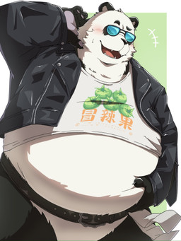 anthro belly big_belly black_body black_fur black_nose blush clothing eyewear fur kemono male open_mouth overweight overweight_male shirt solo standing sunglasses topwear white_body white_fur emufu da_pan_(arknights) bear giant_panda mammal 2026 3:4 hi_res