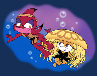 air_bubble anklet anthro big_breasts biped black_clothing black_dress blonde_hair breast_size_difference breasts closed_smile clothed clothing dress duo eye_contact female female/female fin fin_piercing furgonomics furry-specific_piercing hair hand_holding head_fin jewelry long_hair looking_at_another mouth_closed piercing pseudo_hair red_body small_breasts smile swimming tail tail_fin tight_clothing underwater water shadowwalk archie_comics sega sonic_the_hedgehog_(archie) sonic_the_hedgehog_(comics) sonic_the_hedgehog_(series) blade_the_shark opal_the_jellyfish cnidarian fish jellyfish marine medusozoan shark 2025 alpha_channel hi_res