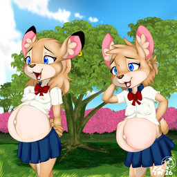 adolescent anthro belly big_belly bottomwear bow_tie breasts clothed clothing duo ear_piercing ear_ring female fur grass hair hand_behind_head navel nipple_outline open_mouth outside piercing plant pregnant pregnant_anthro pregnant_female ring_piercing school_uniform skirt smile standing tail topwear tree underage_pregnancy uniform young young_anthro young_female zcomic kaiti_(piporete) katy_(piporete) deer mammal 1:1 digital_media_(artwork) hi_res sibling_(lore) sister_(lore) sisters_(lore) twins_(lore)