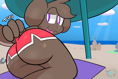 anthro beach big_butt bottomwear butt butt_focus clothing glistening glistening_butt male sand_castle sculpture shorts solo teasing text tight_bottomwear tight_clothing tight_shorts tongue tongue_out tugging_clothing mintytempest toffee_(mintytempest) canid canine canis domestic_dog mammal absurd_res hi_res