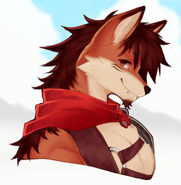 anthro cape clothing male side_view smile solo kanookies nanabi_ashiro canid canine fox mammal hi_res portrait