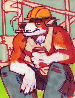 anthro armor beverage cigarette coffee construction construction_worker food hard_hat headgear helmet male smoke smoking solo ssirrus canid canine canis domestic_dog mammal