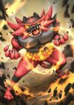 anthro claws fangs green_eyes male solo teeth yellow_sclera kemokemono nintendo pokemon felid generation_7_pokemon incineroar mammal pokemon_(species) hi_res