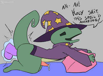 anal anal_penetration anthro bodily_fluids clothing cum dialogue dildo dildo_in_ass dildo_insertion erection genital_fluids genitals green_body hat headgear headwear magic magic_user male object_in_ass penetration penis pillow sex_toy sex_toy_in_ass sex_toy_insertion simple_background solo spell tapering_penis wizard_hat wizard_robe godforgiveme4 lizard_wizard_(piemations) renaldo_(piemations) reptile scalie hi_res