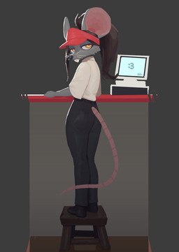 anthro biped bottomwear buckteeth butt clothed clothed_anthro clothed_female clothing female fully_clothed fully_clothed_anthro fully_clothed_female fur grey_body grey_fur hat headgear headwear looking_at_viewer overbite solo standing tail teeth topwear whiskers yellow_eyes el-k ratricia_(el-k) mammal mouse murid murine rodent 2025 absurd_res digital_drawing_(artwork) digital_media_(artwork) hi_res