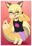 anthro big_tail biped black_clothing black_nose black_shirt black_topwear blonde_hair border bottomwear clothed clothing collar countershade_face countershade_torso countershading crouching eyebrows eyewear female fluffy fluffy_tail gesture glasses gloves_(marking) hair hand_gesture heart_symbol inner_ear_fluff leg_markings long_hair looking_at_viewer markings multicolored_body one_eye_closed open_mouth open_smile pawpads pink_bottomwear pink_clothing pink_skirt pose round_glasses shirt simple_background skirt smile socks_(marking) solo tail tank_top teeth tongue topwear tuft two_tone_body v_sign wearing_glasses white_body white_border white_countershading white_markings wink winking_at_viewer yellow_body young young_anthro young_female gi0 grace_(gracethegoldenfurred) canid canine fox mammal swift_fox true_fox 2025 absurd_res hi_res