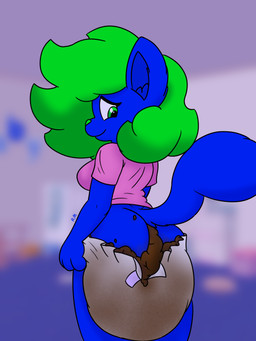 anthro butt clothing diaper diaper_blowout feces feces_blowout female holding_clothing holding_object leaking_diaper looking_back looking_pleasured nervous nervous_smile pooping raised_tail rear_view shirt soiled_diaper soiling soiling_diaper solo t-shirt tail topwear unclean_diaper used_diaper rocky-marbles callie_marbles domestic_cat felid feline felis mammal 3:4 hi_res