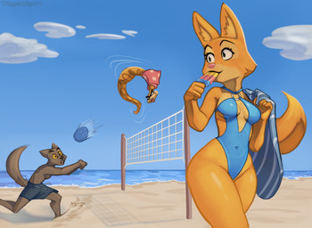 anthro ball beach bikini breasts clothed clothing eating eating_food female feral food fur grey_body grey_fur group male navel_outline one-piece_swimsuit orange_body orange_fur outside popsicle sport swimwear trio two-piece_swimsuit volleyball volleyball_(ball) triggerpigart dreamworks the_bad_guys diane_foxington mr._snake_(the_bad_guys) mr._wolf_(the_bad_guys) canid canine canis fox mammal reptile scalie snake wolf 2025 absurd_res hi_res