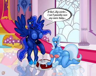 animal_genitalia animal_penis anthro anthrofied bdsm big_breasts blue_eyes blue_hair bodily_fluids bowl breasts collar container crossgender cum cum_in_bowl cum_in_container cutie_mark dialogue duo equine_genitalia equine_penis erection feathered_wings feathers ftg_crossgender fti_crossgender genital_fluids genitals gynomorph hair half-erect horn intersex masturbation nude open_mouth penile penile_masturbation penis penis_size_difference petplay purple_eyes roleplay slave tail text wing_boner wings anjuneko badgerben friendship_is_magic hasbro my_little_pony mythology princess_luna_(mlp) trixie_(mlp) equid equine mammal mythological_creature mythological_equine unicorn winged_unicorn 2013 absurd_res english_text hi_res story story_in_description