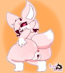 anthro breasts butt female fur genitals hair looking_at_viewer nude pink_body rear_view red_eyes simple_background small_breasts smile solo tail thick_thighs wide_hips jazzyrakk koko_(jazzyrakk) canid canine demon fennec_fox fox hybrid mammal true_fox digital_media_(artwork) hi_res