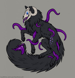 ambiguous_feral ambiguous_gender black_claws black_pawpads blue_eyes claws fangs feral fur glowing glowing_eyes grey_background grey_body grey_fur horn pawpads purple_tongue side_view simple_background solo tail tail_mouth teeth tentacles text tongue unusual_anatomy unusual_tail white_horn heatherwolf canid canine mammal hi_res url