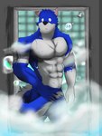 3:4 anthro blue_body blue_fur blue_tail canid canine canis fur grey_body grey_fur hachi_(warpae86t) hi_res male mammal muscular muscular_anthro muscular_male nikorise nude shower solo standing steam tail wolf