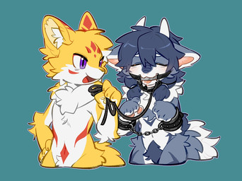 anthro bdsm blush chain collar crotch_tuft cuff_(restraint) duo eyes_closed fur horn kemono leash male nude restraints simple_background tuft wrist_cuffs unknown_artist mythology canid canine dragon furred_dragon furred_scalie mammal mythological_creature mythological_scalie scalie hi_res