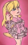 accessory anthro bangs blonde_hair blue_eyes bow_ribbon buckteeth cellphone clothed clothing dress electronics facial_markings female hair head_markings headband heart_symbol holding_object holding_phone lips markings on_model open_mouth pattern_clothing phone pink_lips pink_nose plaid plaid_clothing solo tail tan_body teeth yellow_tail kisashika alvin_and_the_chipmunks alvinnn!!!_and_the_chipmunks brittany_miller chipmunk ground_squirrel mammal rodent sciurid pink_theme