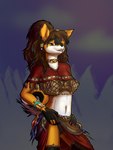 anthro aztec bottomwear brown_hair clothed clothing dress ear_piercing female fur furgonomics hair piercing pose red_clothing skirt solo tail tail_through_skirt teasing underwear yellow_body yellow_fur zaiksmckraven madlaine_mckraven canid canine canis domestic_dog mammal pomeranian spitz 3:4 hi_res pinup