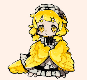 blonde_hair bodily_fluids clothed clothing crying feathered_wings feathers female hair light_body light_skin maid_headdress maid_uniform simple_background solo tail tail_feathers tears uniform wings yellow_body yellow_eyes yellow_feathers yellow_wings i7go34 european_mythology greek_mythology mythology animal_humanoid avian humanoid mythological_avian mythological_creature