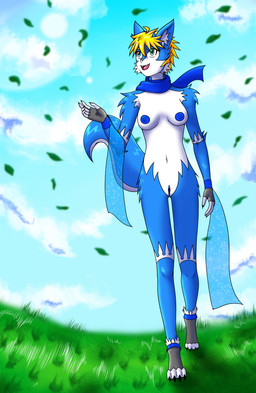 anthro areola blonde_hair blue_areola blue_body blue_fur blue_nipples blue_vulva breasts female fur fur_markings genitals hair heterochromia markings nipples nude open_mouth small_clothing smile solo vulva wind khblacky97 hyra_akiyuki canid canine fox mammal absurd_res hi_res