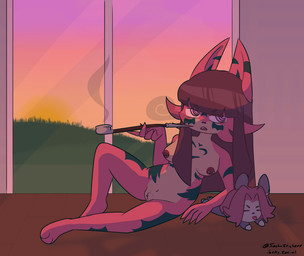 anthro breasts female fur fur_markings hair markings nipple_piercing nipples nude piercing red_hair sitting sitting_on_ground smoking smoking_pipe solo straight_hair sunset sochustickers blush_(sochustickers) canid canine fox mammal red_fox true_fox shaded