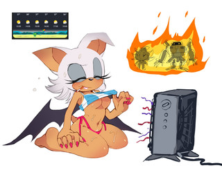 big_breasts bodily_fluids breasts cigarette cigarette_in_mouth clothed clothing clothing_lift cooling_off electric_fan eyes_closed feet female fingernails fire floppy_ears heat_(temperature) kneeling long_fingernails machine male nails navel object_in_mouth sweat sweatdrop tail thong underwear wide_hips wings benshir125 sega sonic_the_hedgehog_(series) e-123_omega rouge_the_bat shadow_the_hedgehog badnik bat e-series eulipotyphlan hedgehog mammal robot hi_res