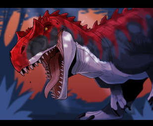 ambiguous_gender back_spikes black_claws blurred_background claws feral grey_body looking_at_viewer mouth_shot neck_spikes no_sclera open_mouth pupils red_body red_tongue slit_pupils solo spikes spikes_(anatomy) teeth tongue unsigned white_body yellow_eyes swampjaws carn_(shorty) allosaurid allosauroid allosaurus dinosaur prehistoric_species reptile saurischian scalie theropod hi_res letterbox
