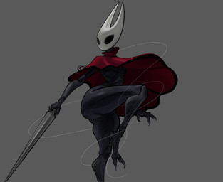 anthro black_body black_eyes breasts cloak cloak_only clothing empty_eyes female front_view grey_background holding_object holding_weapon red_cloak red_clothing simple_background small_breasts solo thick_thighs weapon white_body wide_hips sumamiarts hollow_knight_(franchise) team_cherry hornet_(hollow_knight) arthropod insect absurd_res hi_res