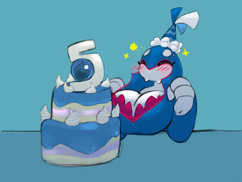 anthro big_breasts birthday birthday_cake blush breasts cake cleavage clothed clothing dessert female food hat headgear headwear huge_breasts multicolored_body party_hat solo artesjsc nintendo pokemon kyu_(artesjsc) generation_3_pokemon kyogre legendary_pokemon pokemon_(species) tagme