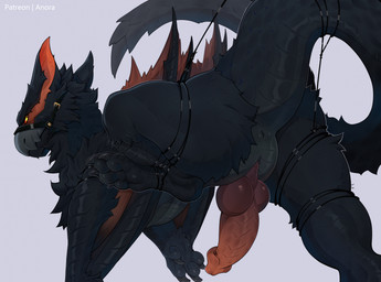 animal_genitalia anus bdsm black_body black_fur bondage bound butt digitigrade feet feral fur genital_slit genitals knot knotted_penis male penis presenting presenting_hindquarters soles solo anora_drakon capcom monster_hunter flying_wyvern nargacuga reptile scalie hi_res