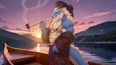 abs anthro antler_jewelry asian_clothing barazoku barbel_(anatomy) beard biceps big_hands big_muscles boat braided_beard building chest_tattoo clothing cloud deltoids elderly_male eyebrows facial_hair flesh_whiskers gat_(hat) hair hat headgear headwear hill lake long_eyebrows male muscular nipples pecs scenery side_eye_at_viewer smoking_pipe solo sunset tattoo vehicle watercraft white_hair ai_assisted ai_generated_background ronci arcane_shop asian_mythology mythology ryu-ho_(arcane_shop) dragon eastern_dragon mythological_creature mythological_scalie scalie hi_res