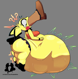 ambiguous_gender anthro belly big_belly big_butt butt duo female grey_background oral_vore simple_background size_difference thick_thighs unwilling_pred vore willing_prey kaiser_grr nintendo pokemon kelly_(kaiser_grr) generation_2_pokemon humanoid pichu pokemon_(species) hi_res
