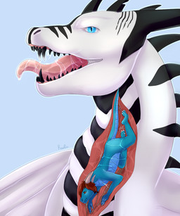 ambiguous_gender anthro black_body black_horn black_teeth blue_background blue_body blue_eyes bodily_fluids brown_hair claws duo feral fully_inside glistening glistening_eyes hair horn internal male membrane_(anatomy) membranous_wings neck_spikes open_mouth oral_vore pupils red_tongue saliva saliva_on_tongue sharp_teeth simple_background slit_pupils tail teeth tongue vore white_body white_claws white_wings wings roobin mythology dragon mythological_creature mythological_scalie scalie 5:6 hi_res signature