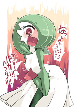 blush clothing dialogue dress female green_body green_hair green_skin hair hair_over_eye one_eye_obstructed open_mouth pink_eyes solo spiral spiral_eyes text white_body white_clothing white_dress white_skin ino nintendo pokemon gardevoir generation_3_pokemon humanoid pokemon_(species) hi_res japanese_text translation_request