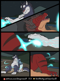 3_toes 4_fingers 5_panel_comic anthro barefoot black_stripes blood blood_on_leg blue_glow bodily_fluids bottomwear brown_hair clothed clothing digit_ring duo feet finger_ring fingers fluffy fluffy_tail fur furaffinity_logo green_eyes grey_body grey_fur hair hand_on_arm hand_on_chest healing_magic jewelry loincloth magic magic_user male night open_mouth outside page_number pain patreon_logo red_body red_eyes red_fur river sky star starry_sky stripes tail tan_body tan_fur text toes topless rimentus furaffinity mythology patreon coalt kharl_(rimentus) canid canine canis dragon furred_dragon furred_scalie mammal mythological_creature mythological_scalie scalie wingless_dragon wolf comic hi_res multiple_scenes url