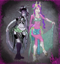 accessory alternative_fashion anklet anthro armlet blue_eyes bottomwear bracelet breasts clothed clothing dreadlocks duo ear_piercing feet female fur glamfur headband hindpaw hooves humanoid_pointy_ears jewelry lipstick long_ears makeup midriff navel navel_piercing navel_ring paws piercing pink_body pink_eyes pink_fur pointy_ears purple_spots ring_piercing skirt sparklefur spots tail white_body white_fur white_skin wings yashendwirh dahlia_(deervvitch) camelid elf humanoid llama mammal 2009