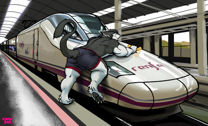 anthro big_butt big_muscles butt cleaning cleaning_tool clothed clothing looking_at_viewer looking_back looking_back_at_viewer male muscular muscular_anthro muscular_legs muscular_male muscular_thighs pawpads railway_track raised_tail solo sponge tail tail_fluff train train_station underwear vehicle aviesergal randy_the_sergal sergal hi_res