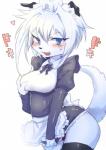 anthro blue_eyes blush breasts butt clothed clothing clothing_pull cute_fangs dress dress_pull fangs female fur hair heart_symbol holding_breast kemono legwear maid_uniform open_mouth panties short_dress simple_background smile solo stockings teeth underwear uniform white_background white_body white_fur white_hair htg canid canine canis domestic_dog mammal 2018 hi_res