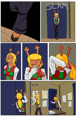 anthro antlers biped blonde_hair bodily_fluids breasts buckteeth clothed clothed_anthro clothed_female clothing cloven_hooves female female_anthro freckled_face freckles front_view hair hooves horn inside long_hair medium_breasts rear_view solo sound_effects tail tears teeth text three-quarter_view unguligrade arcatech deltarune undertale_(series) noelle_holiday deer mammal new_world_deer reindeer 2:3 cel_shading comic digital_drawing_(artwork) digital_media_(artwork) hi_res shaded